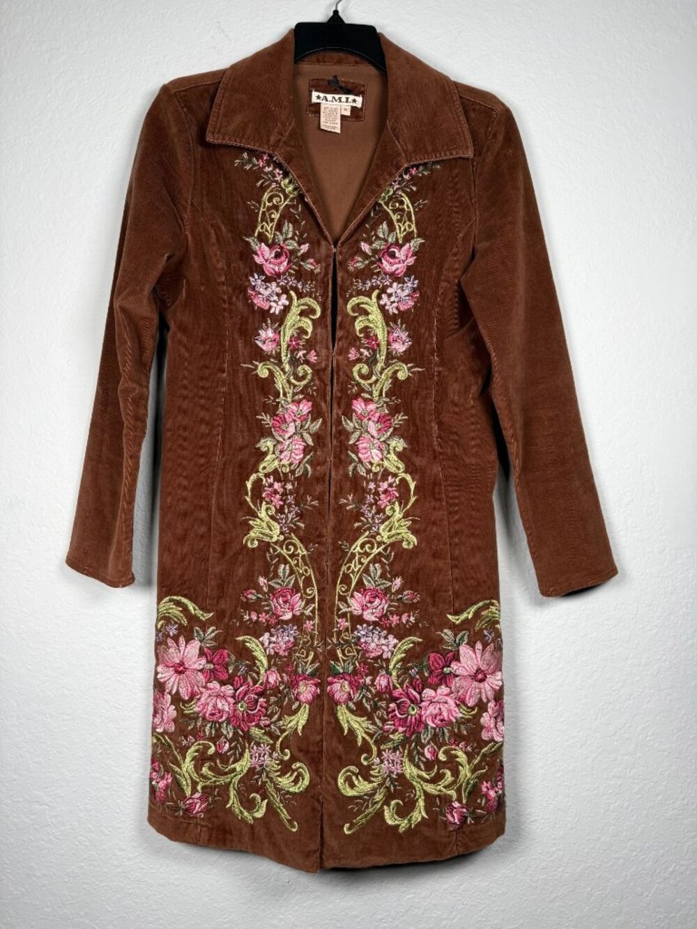 Vtg A.M.I. Brown Corduroy Floral Embroidered Jacket Coat Womens M Boho Fairy Y2K